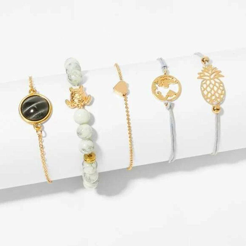 NICKI BRACELET : Ensemble de 5 Bracelets Style Tropical, Ananas, Terre et Tortue