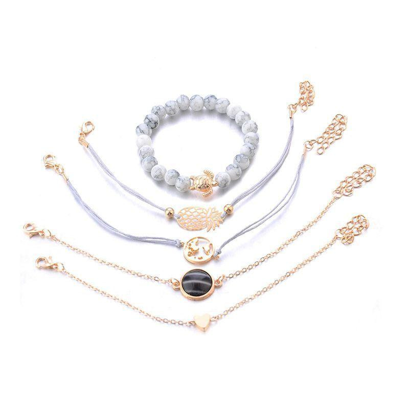 NICKI BRACELET : Ensemble de 5 Bracelets Style Tropical, Ananas, Terre et Tortue