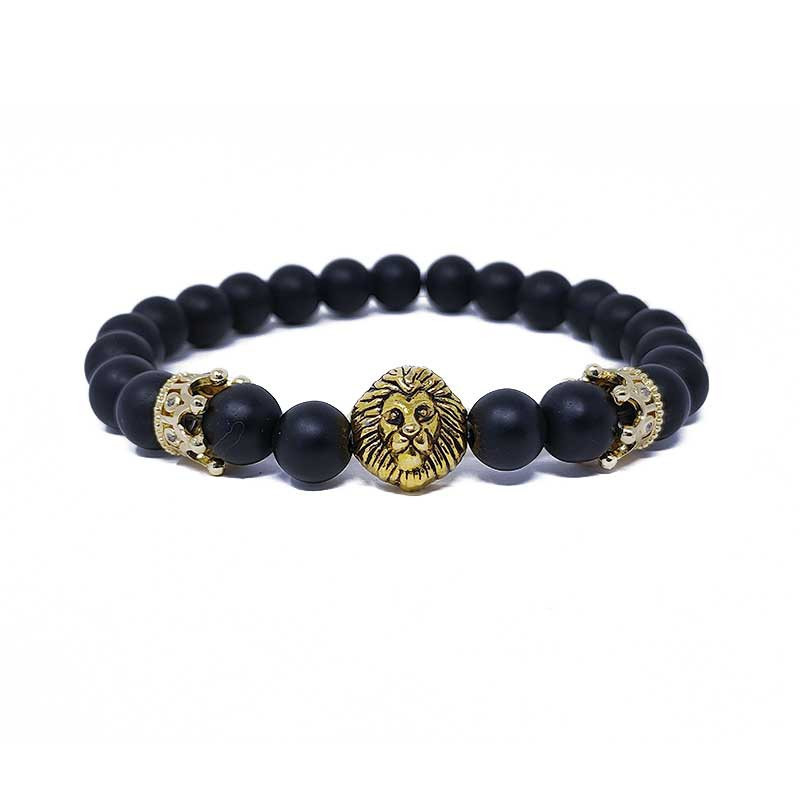 KING BRACELET : Bracelet Homme Perles d'Onyx et Tête de Lion