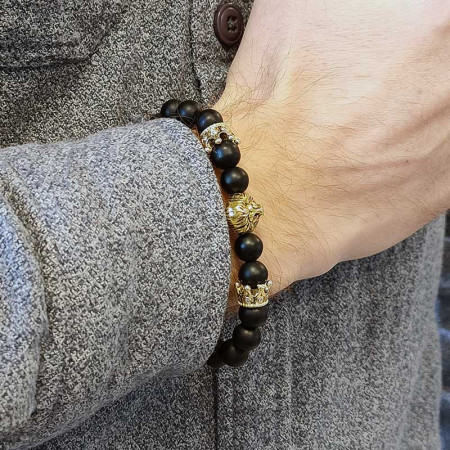 KING BRACELET : Bracelet Homme Perles d'Onyx et Tête de Lion