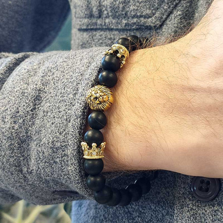 KING BRACELET : Bracelet Homme Perles d'Onyx et Tête de Lion