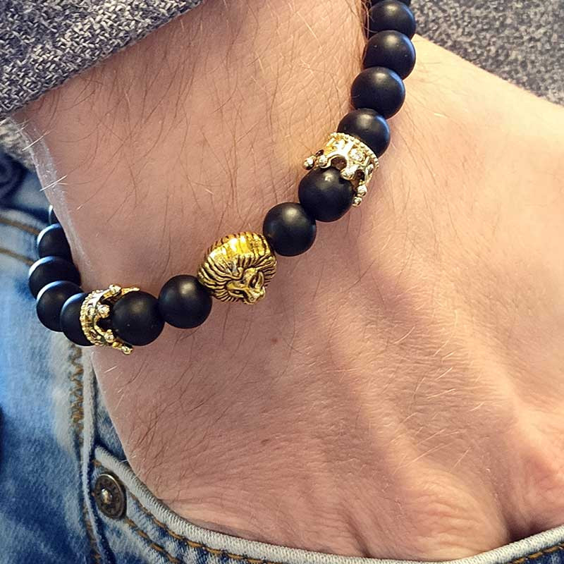 KING BRACELET : Bracelet Homme Perles d'Onyx et Tête de Lion
