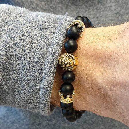 KING BRACELET : Bracelet Homme Perles d'Onyx et Tête de Lion