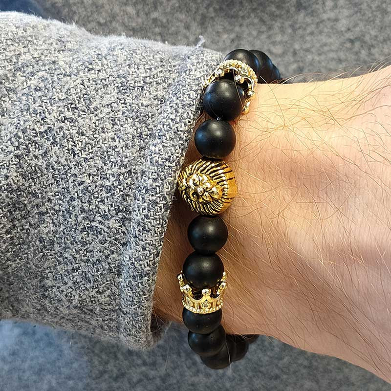 KING BRACELET : Bracelet Homme Perles d'Onyx et Tête de Lion