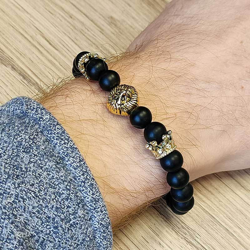 KING BRACELET : Bracelet Homme Perles d'Onyx et Tête de Lion