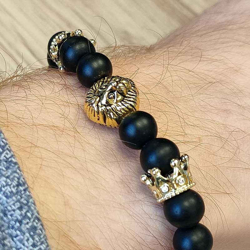 KING BRACELET : Bracelet Homme Perles d'Onyx et Tête de Lion