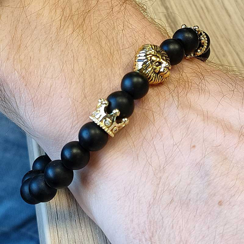 KING BRACELET : Bracelet Homme Perles d'Onyx et Tête de Lion