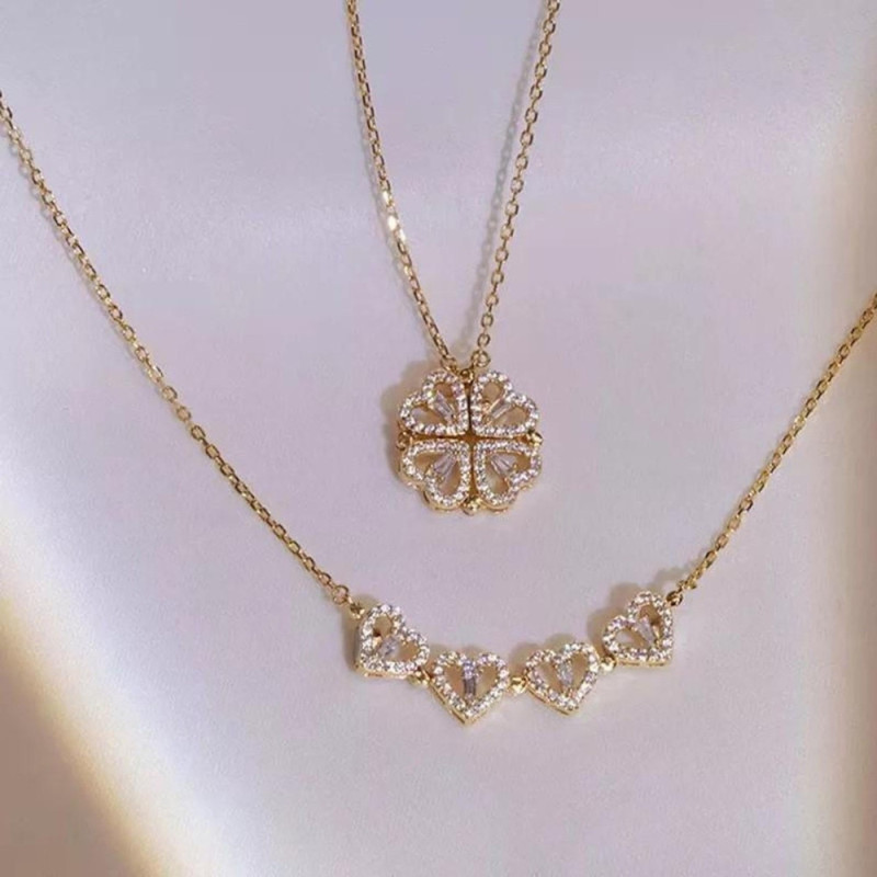 CLOVHEART : Collier Pendentif Trèfle à 4 Feuilles Magnétique en Forme de Cœur