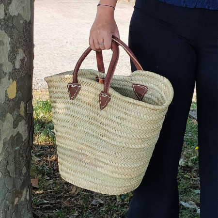 Panier tressé sac cabas de plage en feuilles de palmier naturel avec poignées en cuir