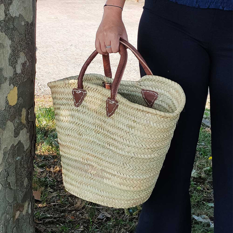 Panier tressé sac cabas de plage en feuilles de palmier naturel avec poignées en cuir