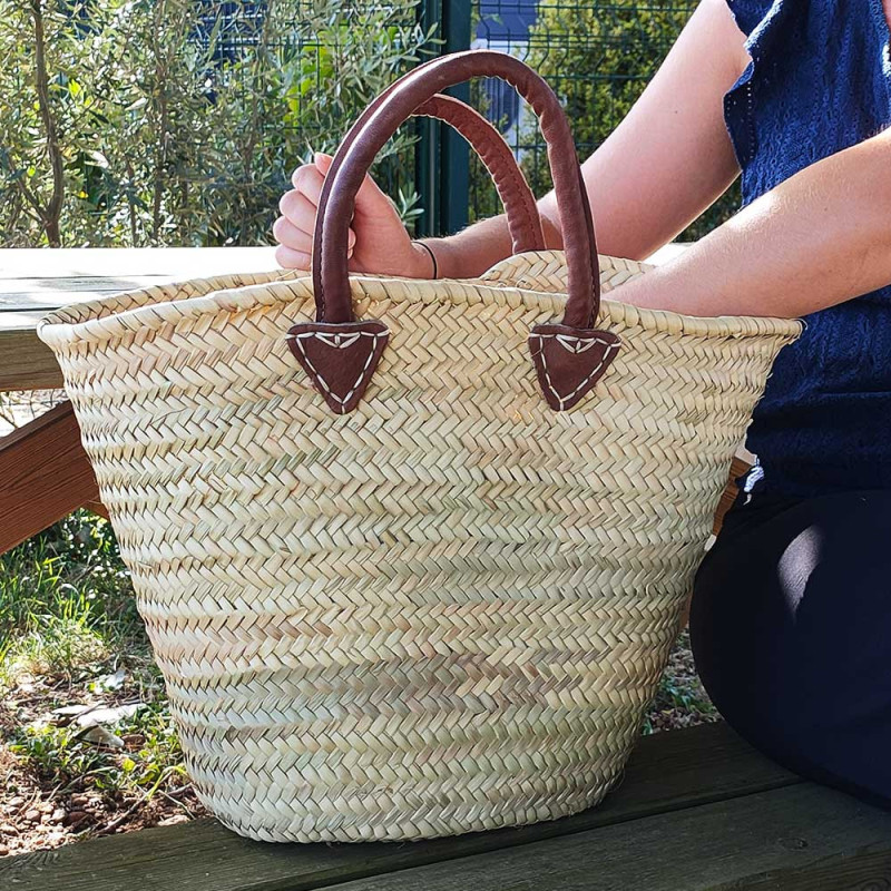 Panier tressé sac cabas de plage en feuilles de palmier naturel avec poignées en cuir