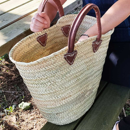 Panier tressé sac cabas de plage en feuilles de palmier naturel avec poignées en cuir