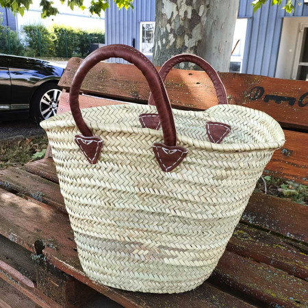 Panier tressé sac cabas de plage en feuilles de palmier naturel avec poignées en cuir