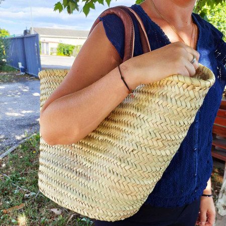 Panier tressé sac cabas de plage en feuilles de palmier naturel avec poignées en cuir