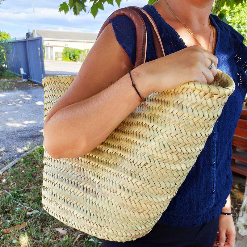 Panier tressé sac cabas de plage en feuilles de palmier naturel avec poignées en cuir