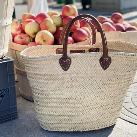 Panier tressé sac cabas de plage en feuilles de palmier naturel avec poignées en cuir