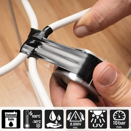 Ruban de réparation silicone isolant et auto amalgamant, colmate les fuites, étirable et étanche - Noir - 3m x 25mm