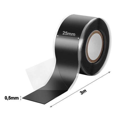 Ruban de réparation silicone isolant et auto amalgamant, colmate les fuites, étirable et étanche - Noir - 3m x 25mm
