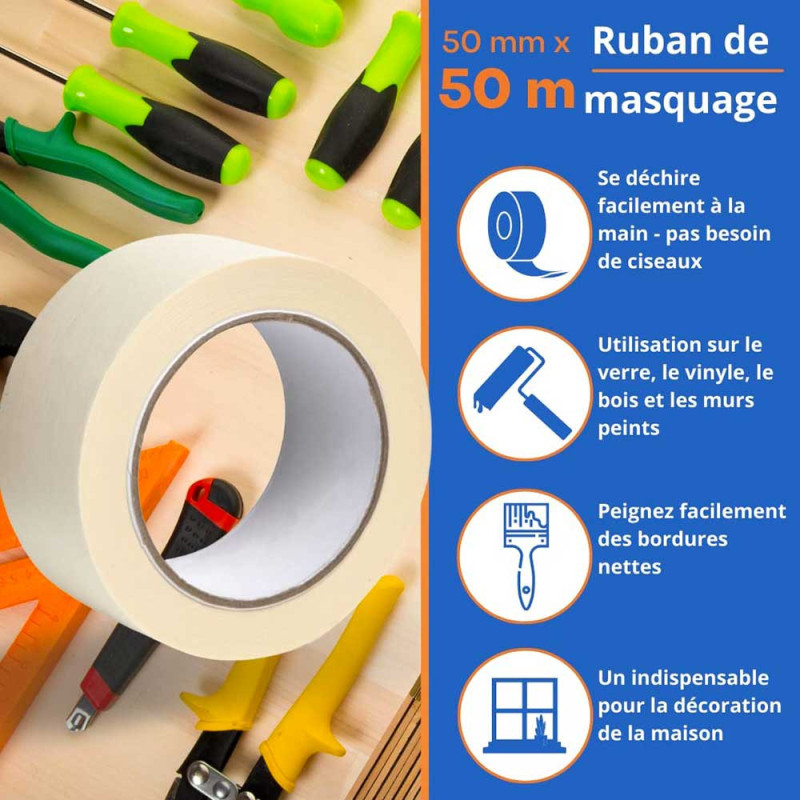 Ruban adhésif de masquage papier crêpe - Protection des surfaces lors de travaux de décoration peinture - 50mm x 50m - Beige