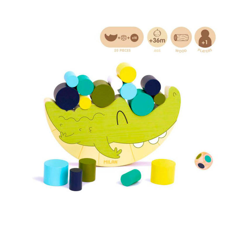 Jouet éducatif en bois Coco Balance - Empile les cylindres sur le dos du crocodile !