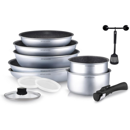 AM676S : Batterie de Cuisine 12 Pièces Arthur Martin en Aluminium avec Accessoires Tous Feux - Argent
