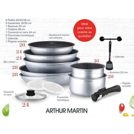 AM676S : Batterie de Cuisine 12 Pièces Arthur Martin en Aluminium avec Accessoires Tous Feux - Argent