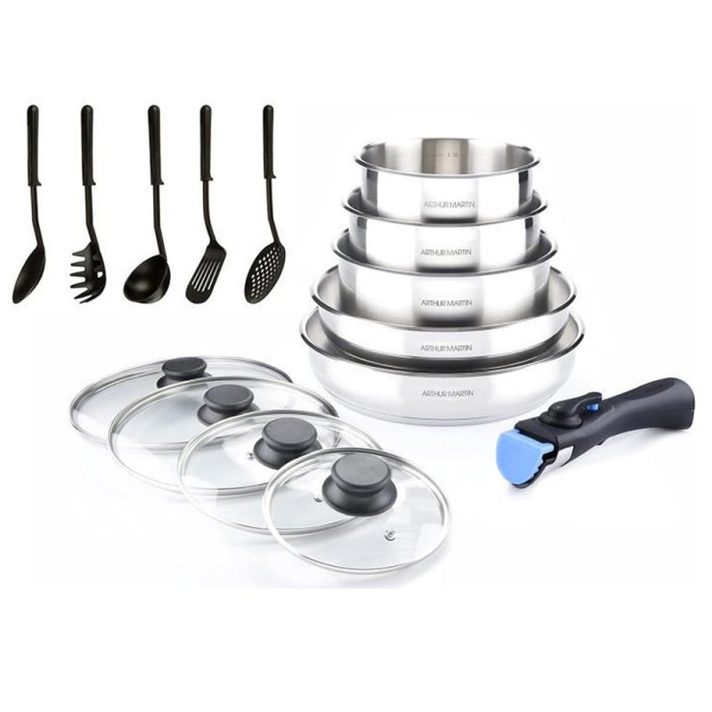 AM5535 : Batterie de Cuisine 15 Pièces Arthur Martin Poêles et Casseroles en Acier Inoxydable avec Accessoires