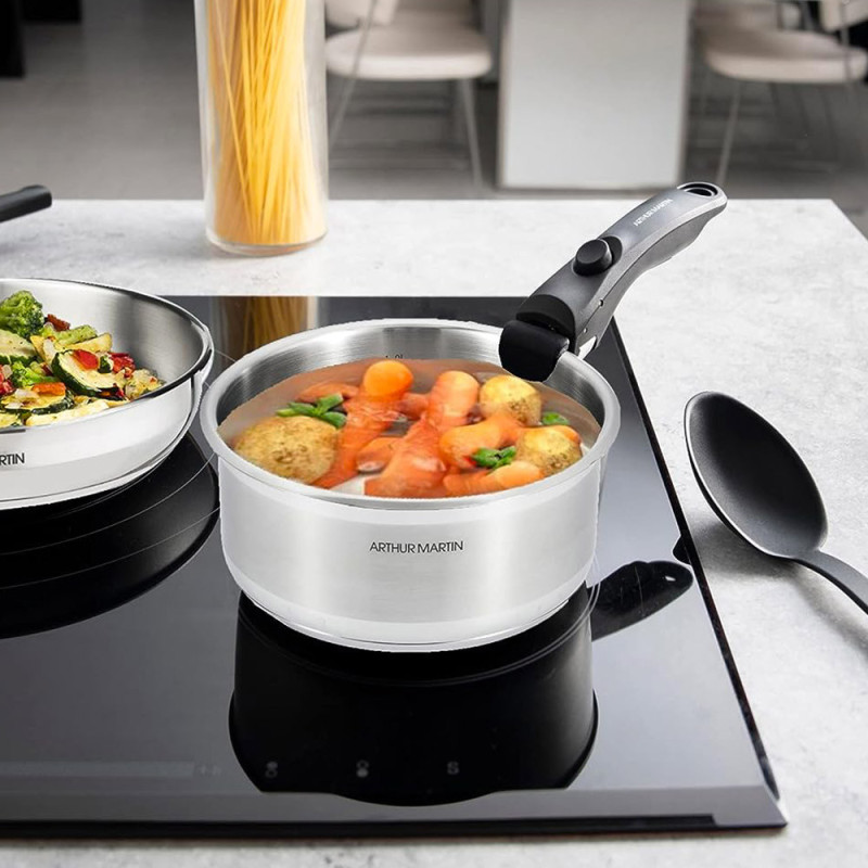 AM5535 : Batterie de Cuisine 15 Pièces Arthur Martin Poêles et Casseroles en Acier Inoxydable avec Accessoires