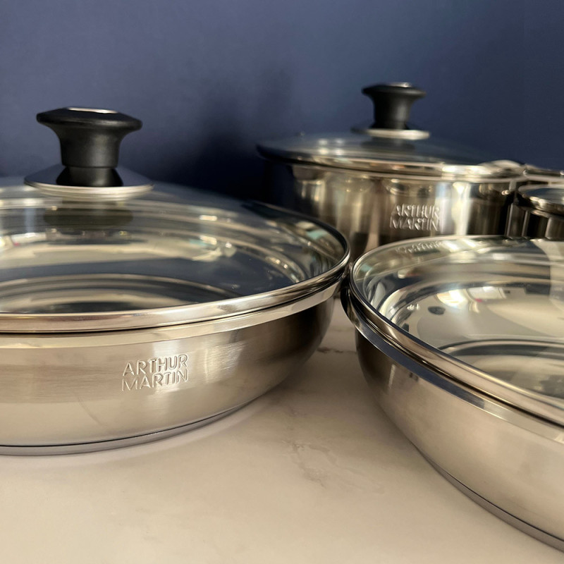 AM5535 : Batterie de Cuisine 15 Pièces Arthur Martin Poêles et Casseroles en Acier Inoxydable avec Accessoires