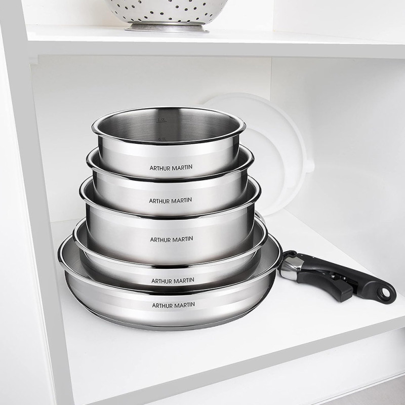 AM5535 : Batterie de Cuisine 15 Pièces Arthur Martin Poêles et Casseroles en Acier Inoxydable avec Accessoires