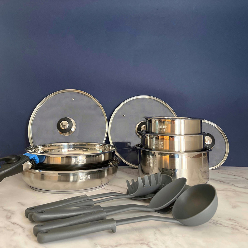 AM5535 : Batterie de Cuisine 15 Pièces Arthur Martin Poêles et Casseroles en Acier Inoxydable avec Accessoires