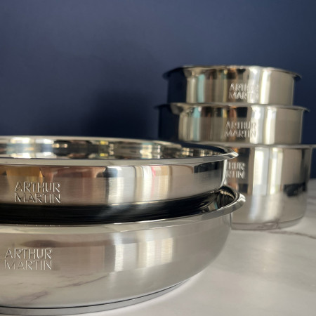 AM5535 : Batterie de Cuisine 15 Pièces Arthur Martin Poêles et Casseroles en Acier Inoxydable avec Accessoires