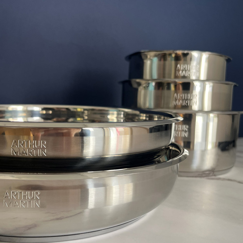 AM5535 : Batterie de Cuisine 15 Pièces Arthur Martin Poêles et Casseroles en Acier Inoxydable avec Accessoires