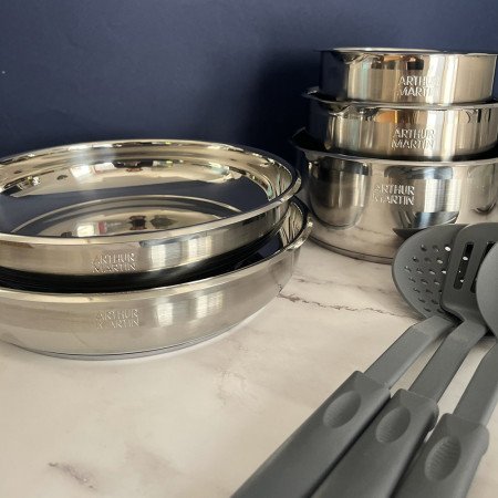 AM5535 : Batterie de Cuisine 15 Pièces Arthur Martin Poêles et Casseroles en Acier Inoxydable avec Accessoires