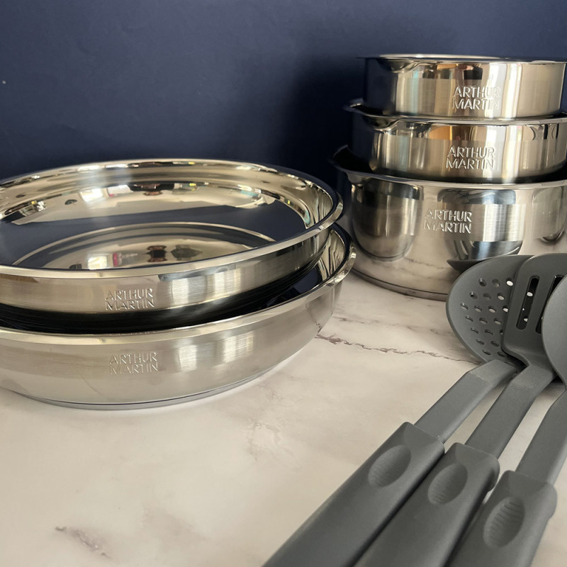 AM5535 : Batterie de Cuisine 15 Pièces Arthur Martin Poêles et Casseroles en Acier Inoxydable avec Accessoires