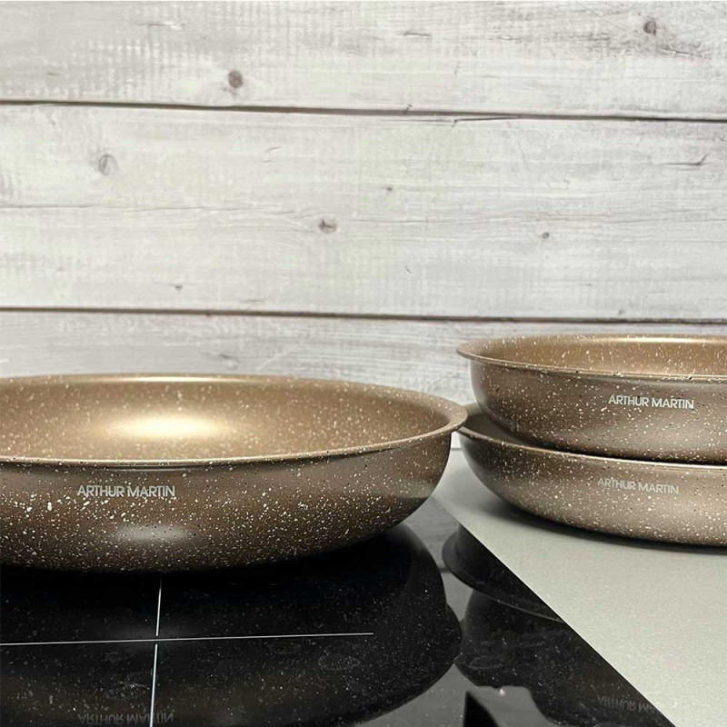 AM9811 : Set de 3 Poêles Arthur Martin en Aluminium avec Poignée Amovible - 20, 24, 28 cm - Tous Feux Dont Induction