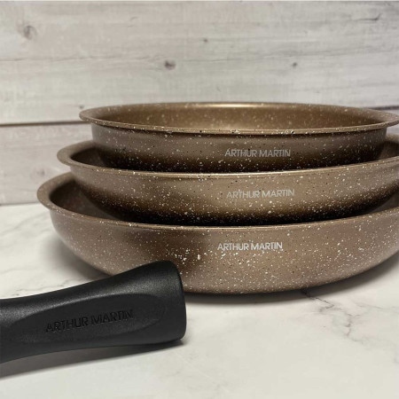 AM9811 : Set de 3 Poêles Arthur Martin en Aluminium avec Poignée Amovible - 20, 24, 28 cm - Tous Feux Dont Induction