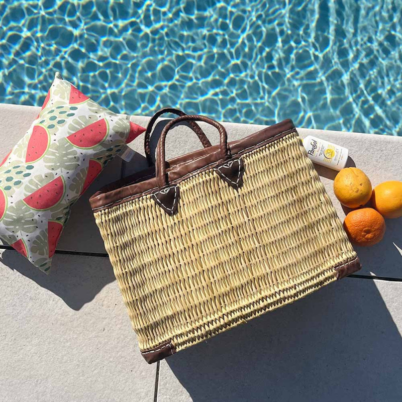 Panier Tressé Cabas Rectangulaire Évasé en Jonc Naturel avec Finitions et Poignées en Cuir