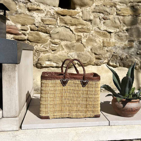 Panier Tressé Cabas Rectangulaire Évasé en Jonc Naturel avec Finitions et Poignées en Cuir