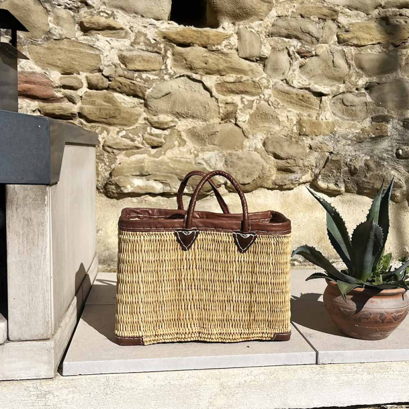 Panier Tressé Cabas Rectangulaire Évasé en Jonc Naturel avec Finitions et Poignées en Cuir