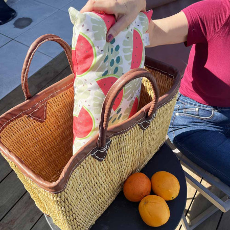 Panier Tressé Cabas Rectangulaire Évasé en Jonc Naturel avec Finitions et Poignées en Cuir