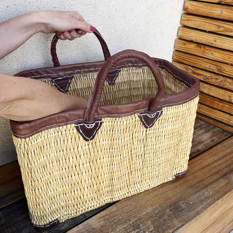 Panier Tressé Cabas Rectangulaire Évasé en Jonc Naturel avec Finitions et Poignées en Cuir