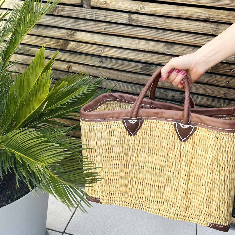 Panier Tressé Cabas Rectangulaire Évasé en Jonc Naturel avec Finitions et Poignées en Cuir