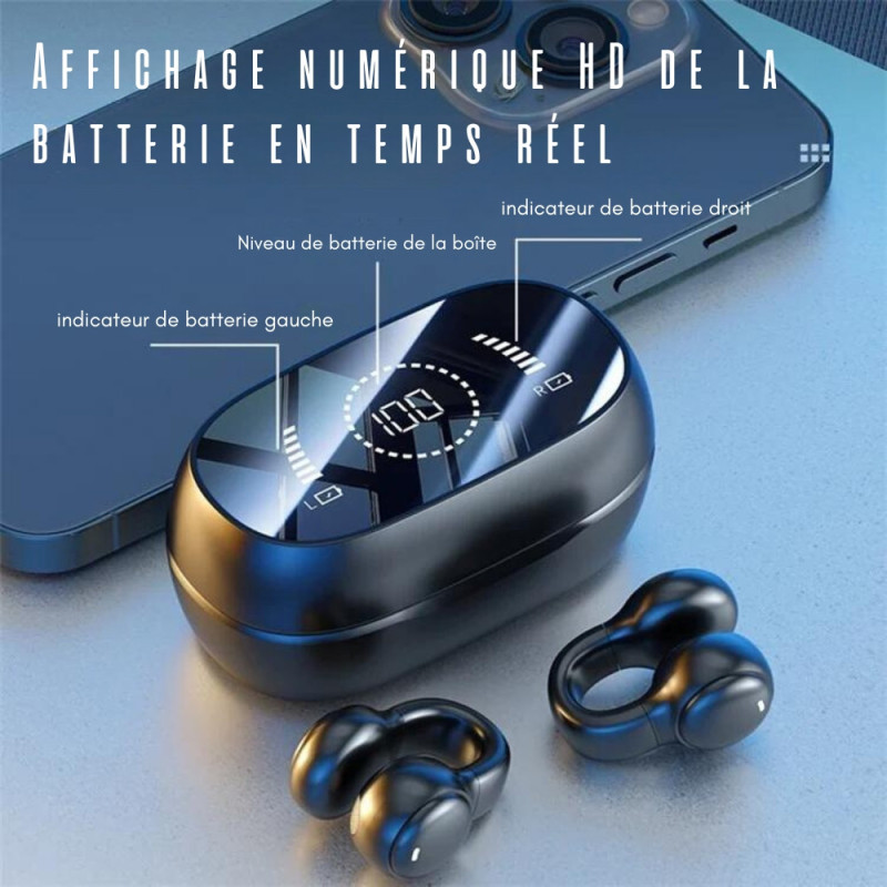 Écouteurs Bluetooth Sans Fil en Clip d'Oreille avec Etui de Chargement et Affichage Numérique