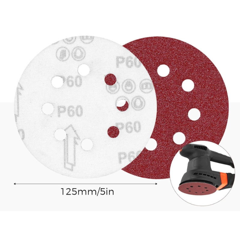 Kit de 10 Disques Abrasifs pour Ponceuse en 125 mm - 8 Trous avec 3 Grains Différents (80 - 120 - 150)
