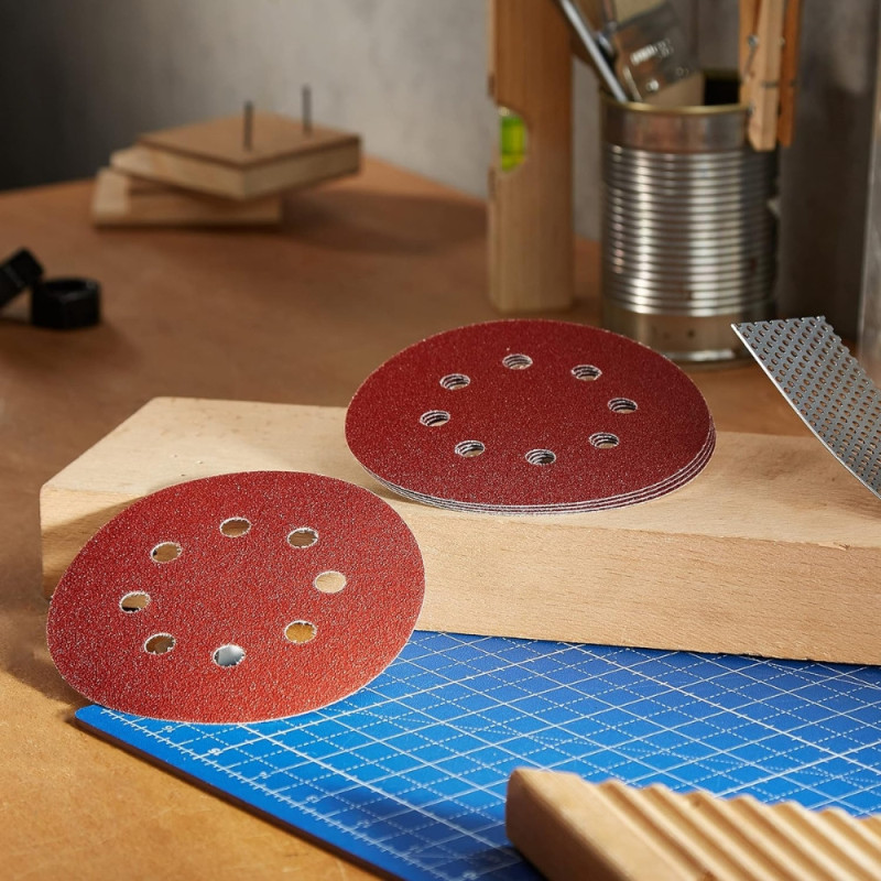 Kit de 10 Disques Abrasifs pour Ponceuse en 125 mm - 8 Trous avec 3 Grains Différents (80 - 120 - 150)