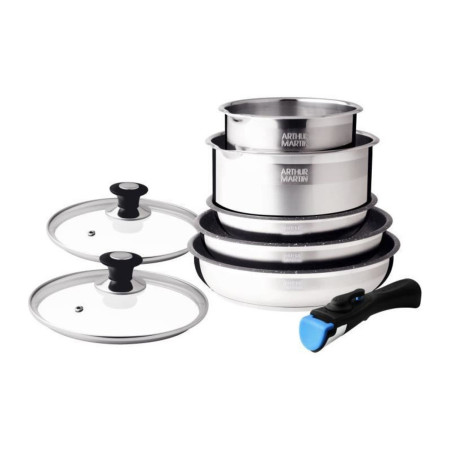AM2493 : Batterie de Cuisine 8 Pièces Arthur Martin Poêles et Casseroles en Inox avec Accessoires, Tous Feux Dont Induction