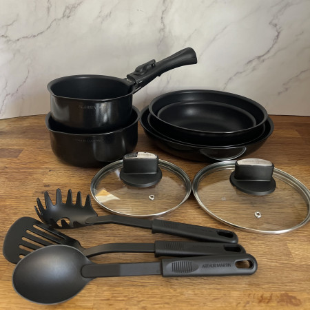 AM268B : Batterie de Cuisine 12 Pièces Arthur Martin Poêles et Casseroles Aluminium avec Accessoires, Tous Feux Dont Induction
