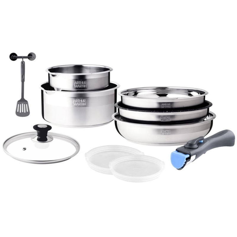 AM0025 : Batterie de Cuisine 10 Pièces Arthur Martin Poêles et Casseroles en Inox avec Accessoires, Tous Feux Dont Induction