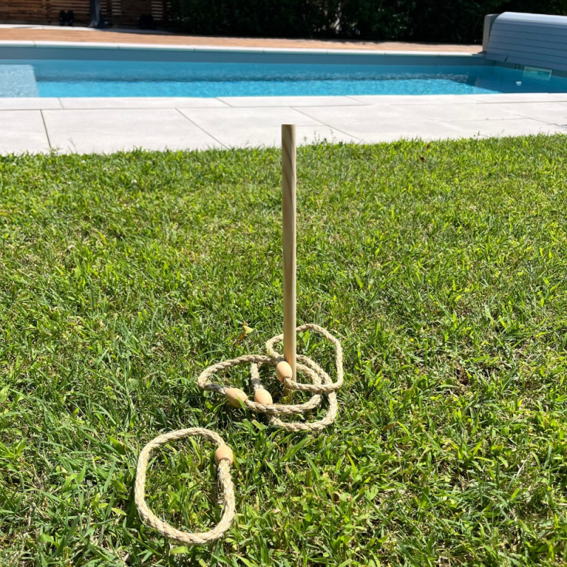 Jeu de Lancer et d'Adresse en Bois avec 1 Piquet et 4 Cordes en Jute